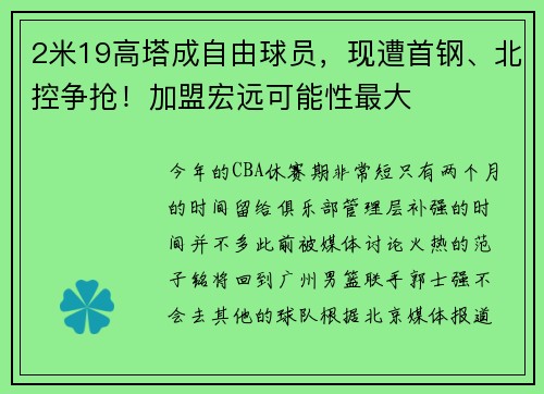 2米19高塔成自由球员，现遭首钢、北控争抢！加盟宏远可能性最大