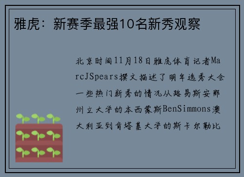 雅虎：新赛季最强10名新秀观察